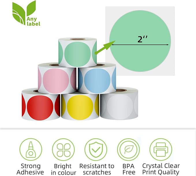 2" Color Circle Direct Thermal Labels, Self-Adhesive Round Direct Thermal Stickers, Multi-Purpose Roll Sticker Labels for DIY Logo Brand Design, QR Code, Name Tag(6 Rolls, 4500 Labels)