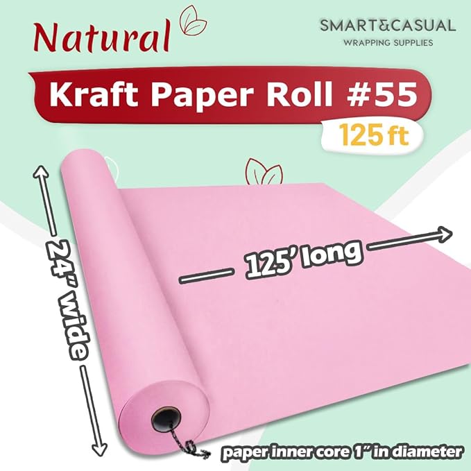 SMART&CASUAL 24" x 1,500" (125') Light Pink Kraft Craft Paper Roll for Gift Wrapping Bulletin Board Bouquet Flower Kids Art Packing Parcel Table Covering 80GSM 55LB (Light Pink, 24" x 125')