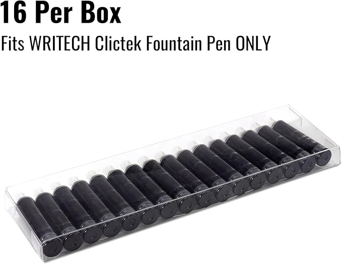 WRITECH W-1784 Cartridge Black Ink: 16ct for Clictek Fountain Pen | Refillable Design Ink Cartridges Only for WRITECH Clictek Fountain Pens, Blue or Black Available, No leaking Smooth Writing