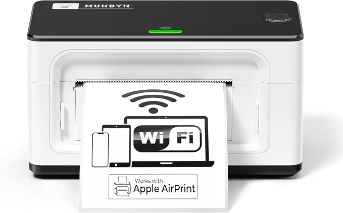 MUNBYN Wireless Wi-Fi AirPrint Thermal Printer Shipping Label Printer | Compatible with iPhone, iPad, MacOS, Android Windows Suit for Small Business, Etsy, USPS, No Ink, Fast & Clear Printing