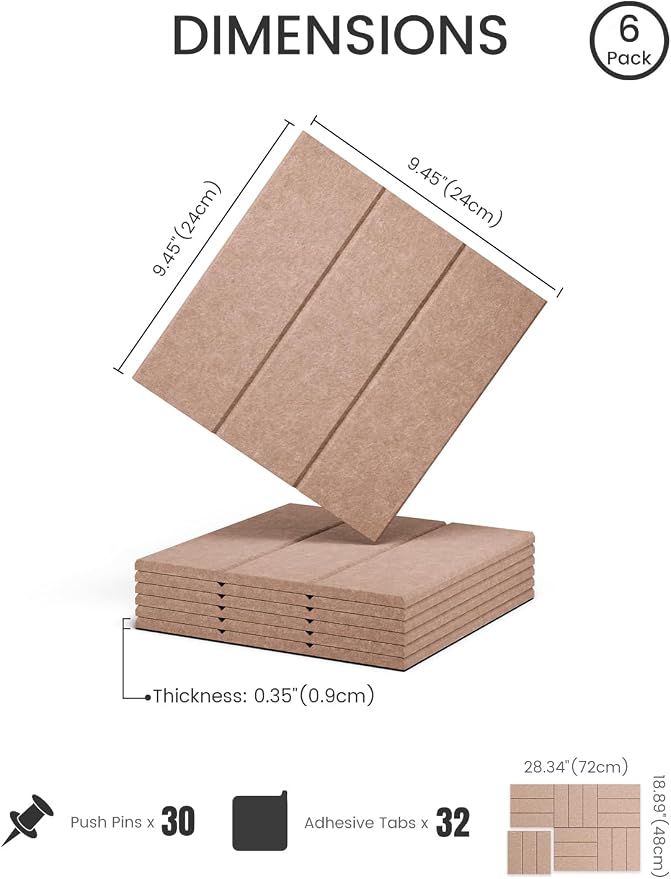 28" x 18" Cork Board Alternative, Wide Stripe, Boho | 6-Pack Felt Pin Board Tiles, 30 Adhesive Tabs, Custom Wall Layout, Photo Display, Memo Board, Office, Classroom, Dorm