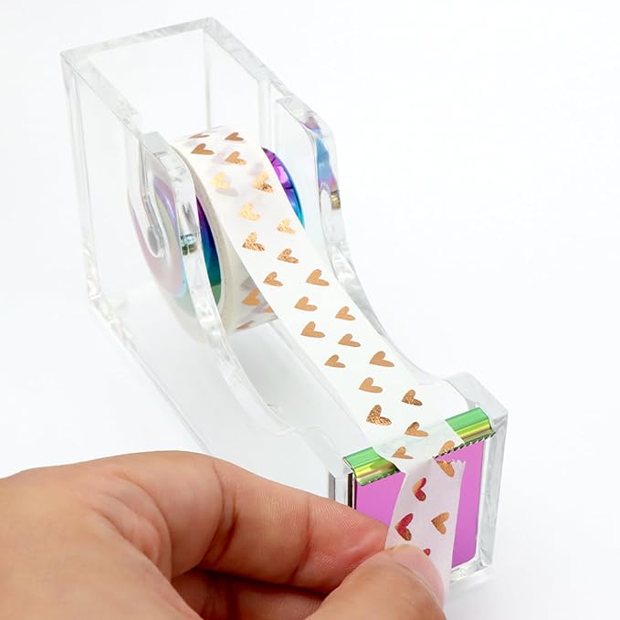 NatSumeBasics Rainbow Tape Dispenser Desk Clear Acrylic Tape Dispenser Holder for Office School Home Stationery Supplies (Clear & Rainbow Tone)