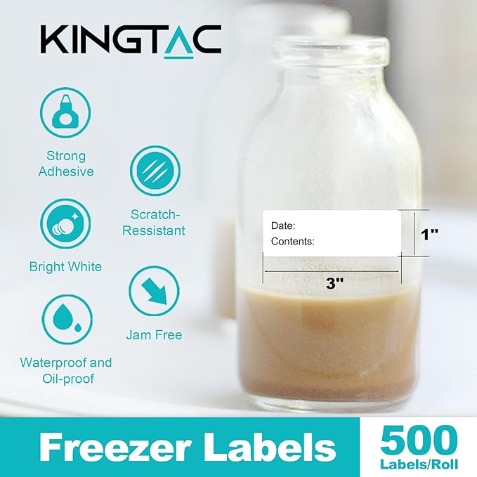 Kingtac 500pcs Food Freezer Labels, 1 x 3 Inch Removable for Food Containers, Mason Jar, No Residue Food Storage Labels Perfect for Kitchen Cannot be Torn