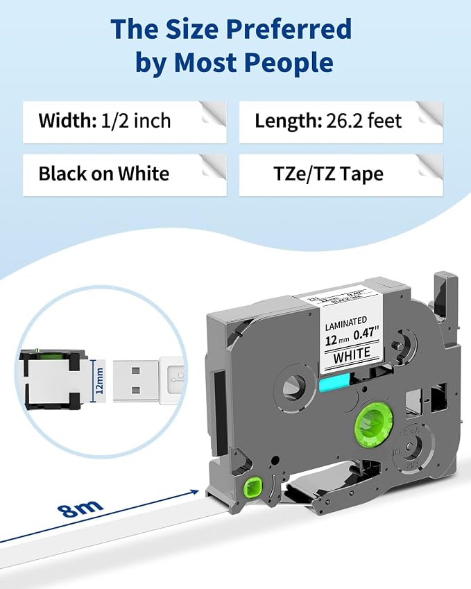 Label Maker Tape Refill Replacement for Brother TZe-231 TZe231 12mm 0.47'' | Laminated White P Touch TZe TZ Label Tape Compatible with Brother PT-D220 D210 H110 D410 D610BT, 12mm x 8m, 6-Pack