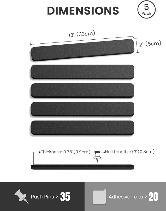 Fluxynara 13" x 2" Felt Wall Panels, Black | 5-Pack Includes 35 Push Pins and Adhesive Tabs for Photos, Notes and Decor in Bedroom Doors, Home Office or Studios