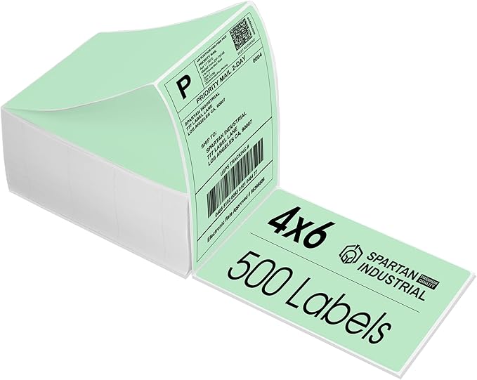 Spartan Industrial - 4" X 6" Green Direct Thermal Fanfold Labels (500 Count, 1 Stack) - Printable Postage Shipping Labels, Package Identification - Compatible with Zebra and Rollo Printers