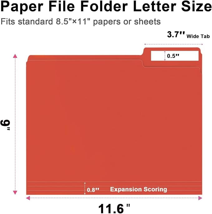 File Folder, RAZCC 100 Pack 1/3 Cut Tab File Folders Letter Size, Red Folders for Dcouments, Folders with Tab Great for Organizing and Easy File Storage