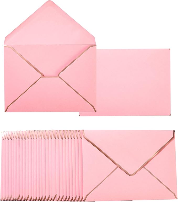 50 Pack A7 Envelopes Pink 5 x 7 with Gold Border | Self-Adhesive, V Flap, For Wedding, Graduation, Baby Shower, Parties, Invitations