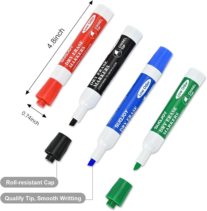 SUQJOY Dry Erase Markers, Chisel Tip Whiteboard Markers, Low Odor Thick Dry Marker, 12 Pack 12 Assorted Color Markers for Classroom, Office & Home Use