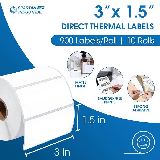 3" X 1.5" Direct Thermal Labels (9000 Count, 10 Rolls) | Inventory Barcode Stickers, SKU Labels, and Shelf Identification - Compatible With Zebra and Rollo Printers