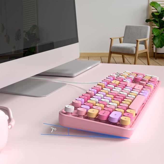 Computer Keyboard Wired, Plug and Play USB Retro Round Typewriter Keyboard, Full Size Wired Keyboard with Foldable Stands for Laptop and Office PC