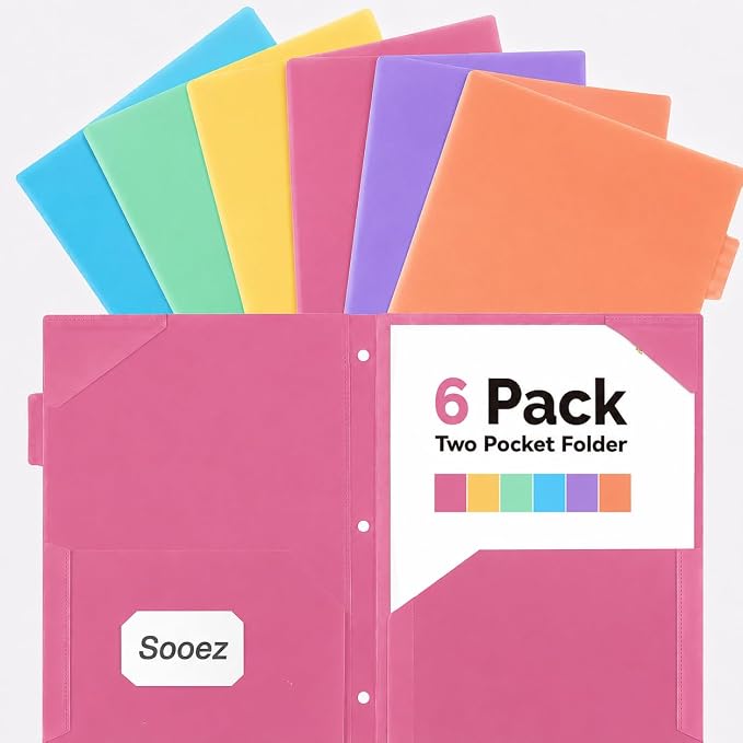 Sooez Plastic Folders with Pockets and Tabs, 6 Pack Pocket Folders with Writable Label Stickers, Fits 3-Ring Binder, Holds Letter/A4 Size Paper, Back to School Office Filing Supplies, Bright Colors