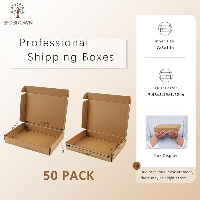 BIOBROWN 7x5x1" Small Shipping Boxes 50 Pack, Corrugated Cardboard Mailer Boxes Bulk for Packaging Small Business Mailing Gift, Kraft Brown