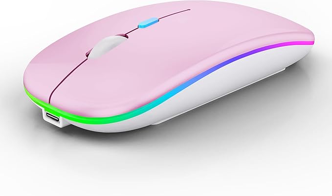 Wireless Bluetooth Mouse Rechargeable Laptop Mice with LED Lights Silent Slim Use(BT5.2 and 2.4G Portable USB Receiver) Dual Mode Computer Mouse for Laptop/iPad/Tablet/Apple/Computer/Mac(Pink)