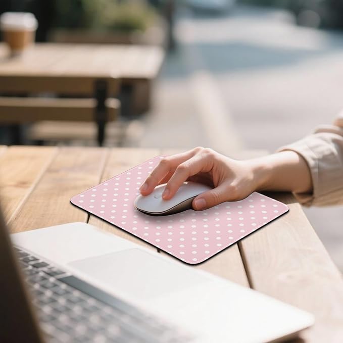 Mouse Pad for Desk with Stitched Edge, Premium Cute Washable Mouse Pads. Computer Mousepad with Non-Slip Rubber Base, Mousepads for Laptop, 9.25x7.75x0.12 inch (Pink Polka Dots)