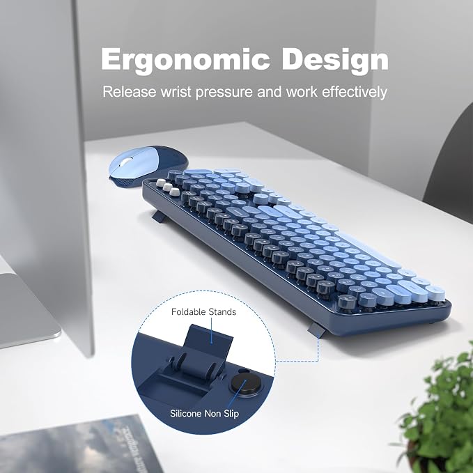 MOFII Wireless Keyboard and Mouse Combo, 2.4GHz Retro Typewriter Keyboard Full Size, Cute Wireless Mice, USB Dongle Plug and Play, for Laptop, PC, Desktop, Windows (Sea Blue Gradient Color)