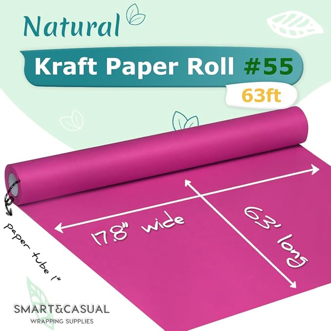 SMART&CASUAL 17.8" x 760" (63') Rose Red Kraft Craft Paper Roll for Gift Wrapping Bulletin Board Bouquet Flower Kids Art Packing Parcel Table Covering 80GSM 55LB (Rose Red, 17.8" x 63')
