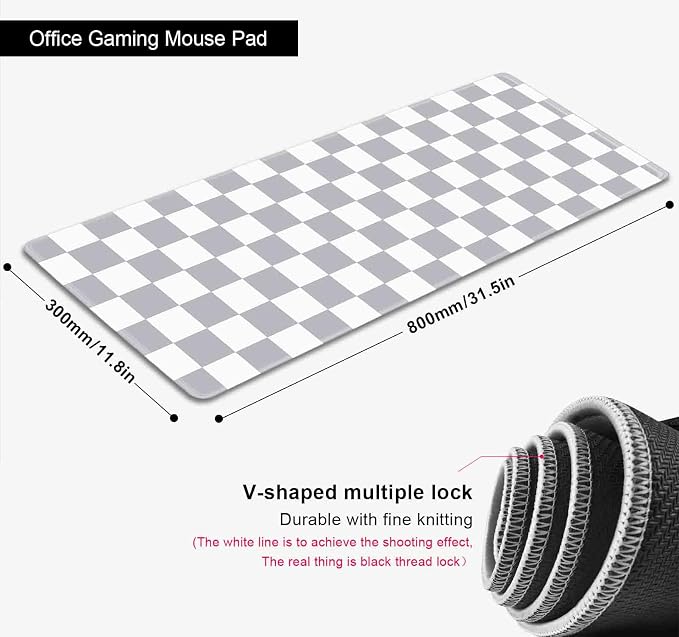 Grey Checkered Desk mat, Boho Gray Pattern Large Mouse Pad, Desk Protector Pad Writing Mat for Work Home Decor, Gaming Mousepad, Big Mouse Mat for Office Computer Laptop, 31.5 X 11.8 in
