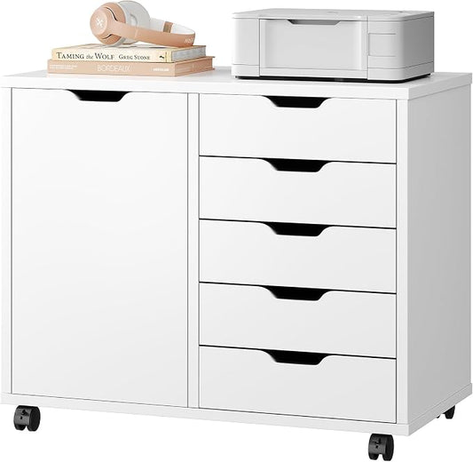 DUMOS 5-Drawer Mobile File Cabinet, Wooden Printer Stand with Storage | Under Desk Cabinets with Adjustable Shelf & Wheels for Home Office Organizer Storage Craft Room, White