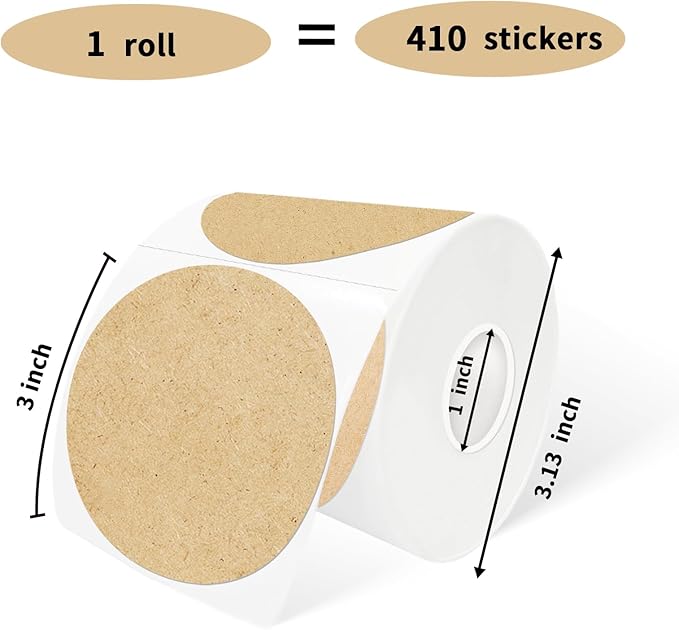 3 Inch Round Thermal Label, Self-Adhesive Waterproof Circle Sticker for Logo Design, Multipurpose Direct Thermal Labels, 410 Sheets/1 Roll,Imitation Kraft Paper Color