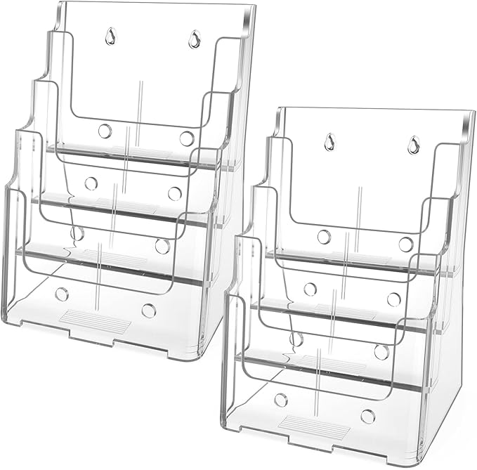 MaxGear Acrylic Brochure Holder 8.5 x 11 inch, 4 Tier Clear Literature Organizer Magazine Stand Display with Removable Divider for 4 x 9 inch Brochures, Pamphlet, Wall Mount or Countertop, 2 Pack