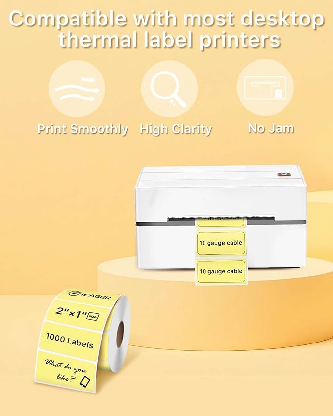 iEager 2x1 Inch Thermal Labels, Yellow Rectangle Thermal Printer Stickers, Durable Shipping Label Printer Sticker for Barcode, Name, Address, 1000 Labels/Roll