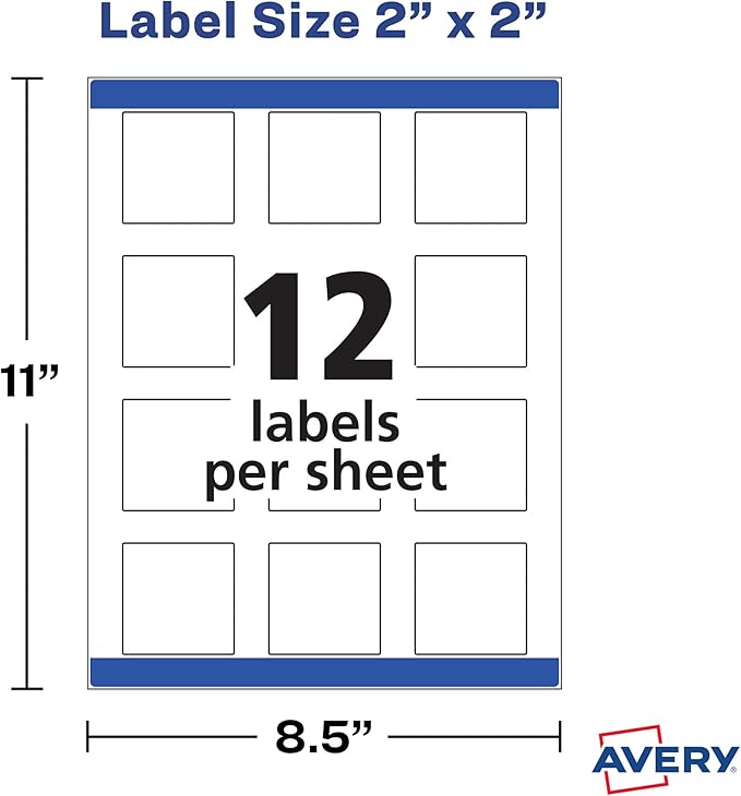 Avery Printable Square Labels, 2" x 2", Matte White, Laser & Inkjet Compatible, Great for Branding, Packaging, Events, and More (22806), 300 Blank Labels (Pack of 5)