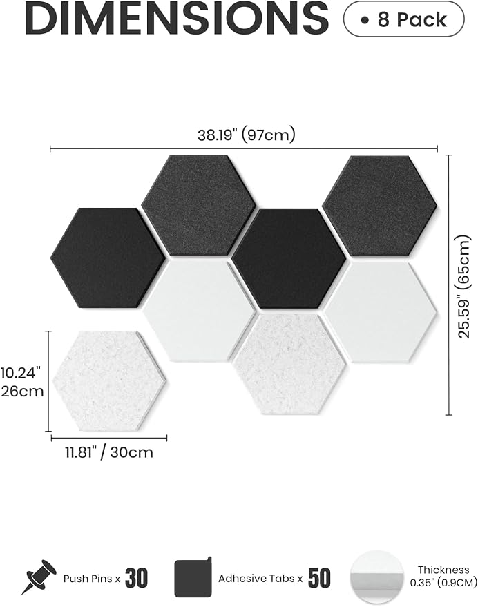 Fluxynara 8-Pack Hexagon Felt Bulletin Board Tiles, Concrete Echo | Cork Board Alternative with 50 Adhesive Tabs for Notes, Photos and Reminders in Home Offices, Dorm and Classrooms