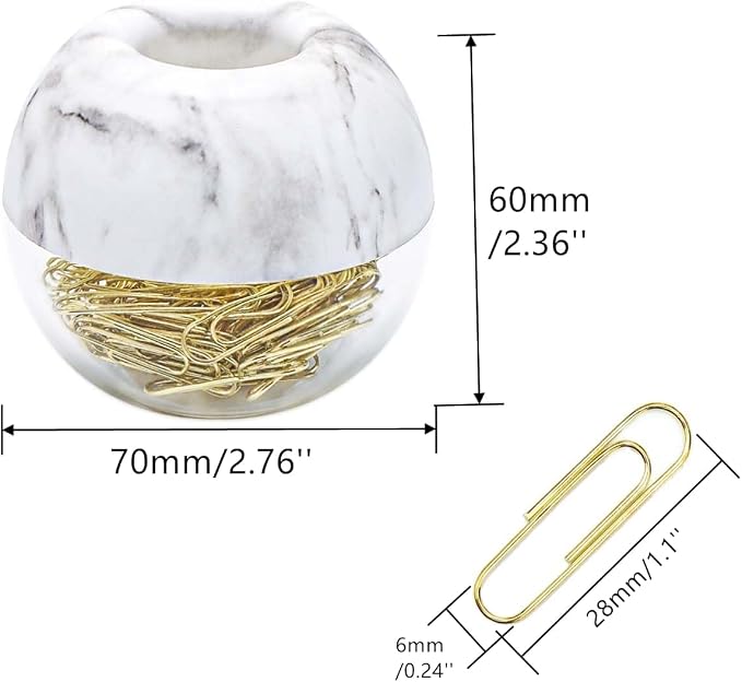 100pcs 28mm Gold Paper Clips Medium in White Marble Paper Clips Holder Dispenser Round Paperclips Storage Case for Office Desk Organizer Accessories (Marble)