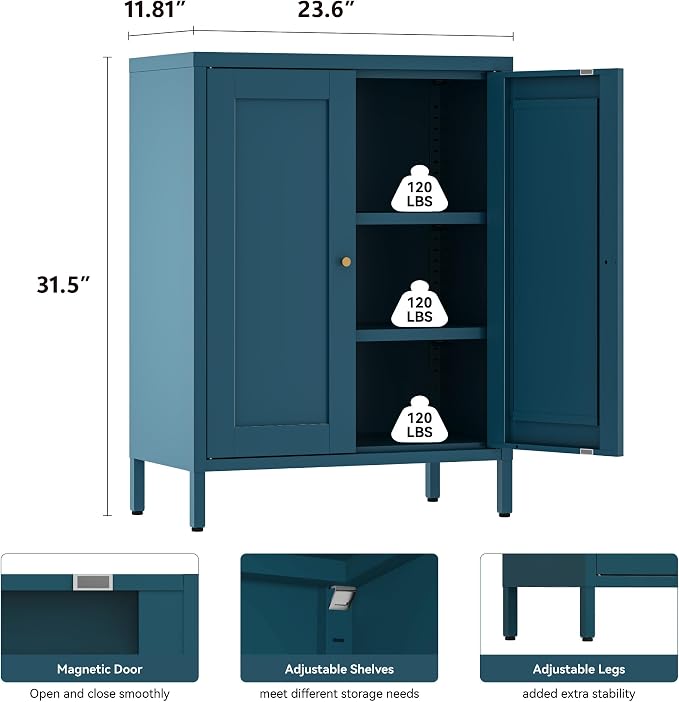 YAUWOH Metal Bathroom Storage Cabinet,Bathroom Floor Storage Cabinet with 2 Adjustable Shelves and 2 Doors,Freestanding Sideboard for Small Spaces, Living Room, Home Office, Dining Room