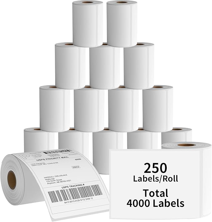 Direct Thermal Labels, 4"x6" Thermal Printer Label, Thermal Shipping Label Compatible with Zebra, MUNBYN and Rollo, Permanent Adhesive, 250 Labels per Roll (16 Rolls)