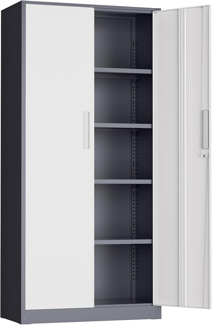 Incbruce 72” Metal Storage Cabinet, Garage Cabinets and Storage System with Doors and Shelves, Tall Lockable Tool Cabinet for Garage, Office, Home (Grey White)