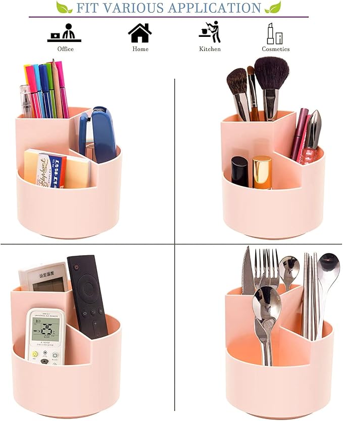 Siveit Desk Pencil Pen Holder, Desk Organizers 3 Slots 360-Degree Rotating Pen Holder for Desktop Storage Stationery Supplies Organizer, Home, Office, School, Kids, Peach Pink