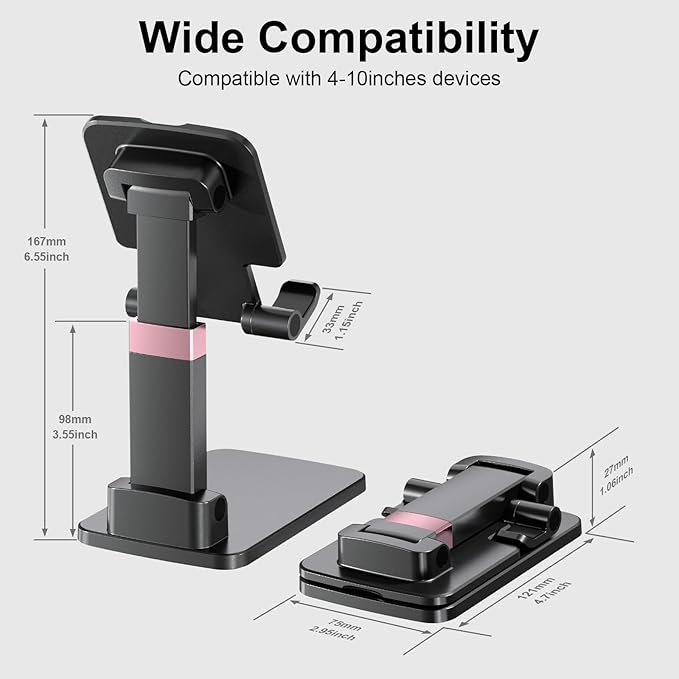 Phone Holder for Desk Cell Phone Holder Height Angle Adjustable Stands, Anti-Slip Base, Compact Design for iPhone Android Devices,White&Black,2Pack