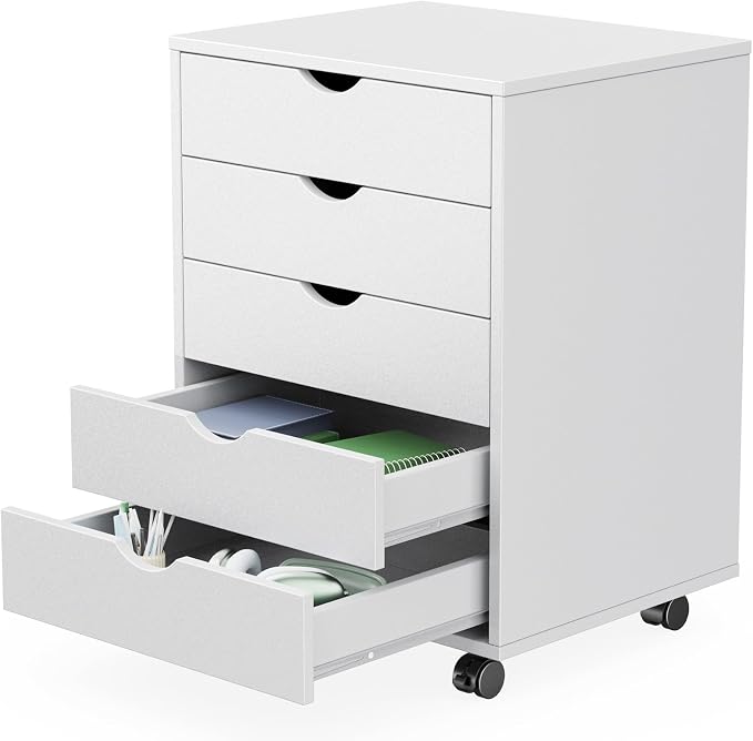 Sweetcrispy 5 Drawer Wooden Dresser, Storage Cabinets, Room Organization | Mobile Rolling Wheels, Vertical Organizer Chest, Home Office Bedroom Furniture, White Wood