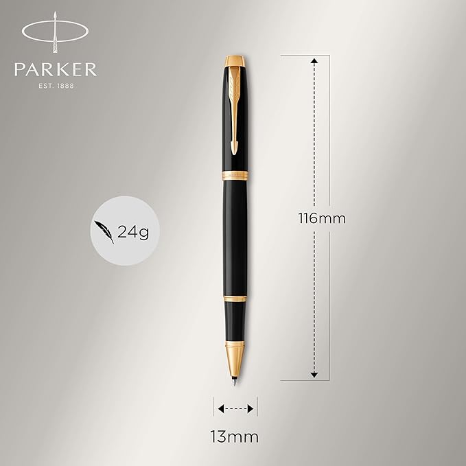 PARKER IM Rollerball Pen, Black Lacquer Gold Trim with Fine Point Black Ink Refill, Gift Box (1931659), Black and Gold