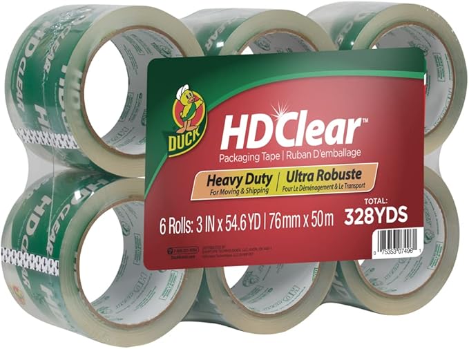 Duck HD Clear Extra Wide Packing Tape - 6 Rolls of Strong Heavy Duty Packing Tape Refills for Shipping and Moving, Boxes and Packaging - 3 In. x 54.6 Yards - 3" Core - Clear (307352)