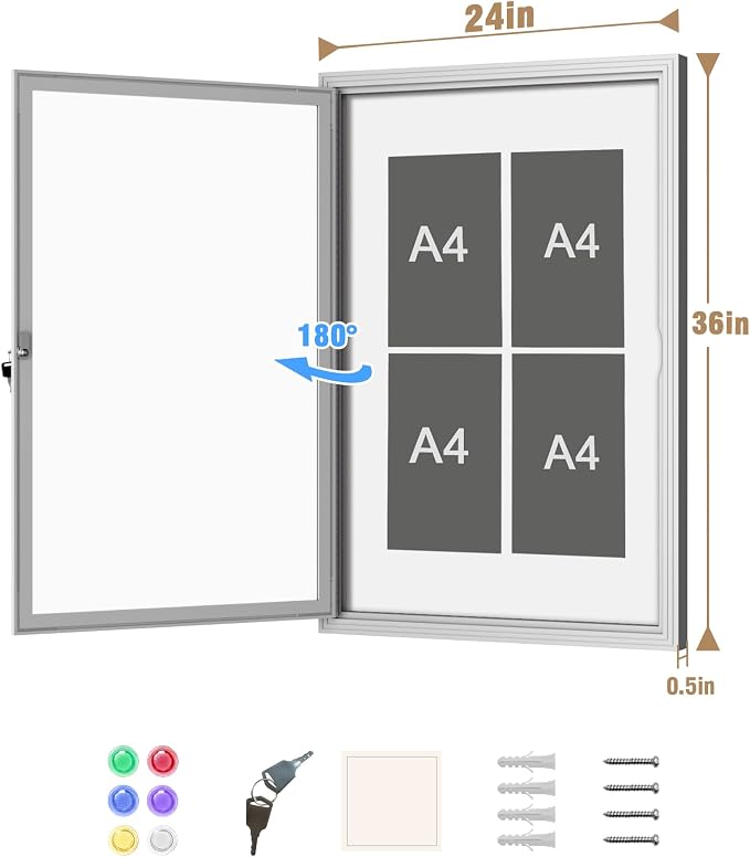 Mifuro 36"x24" Enclosed Bulletin Board, Outdoor Lockable Weather-Resistant Aluminum Noticeboard for School & Office, Silver Frame w/Magnetic Board
