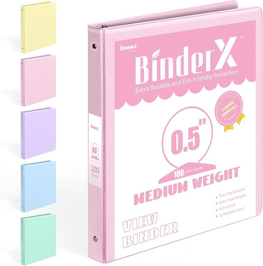 BinderX Extra Durable 3 Ring Binder, Round Rings 0.5 Inch Binder | Fits 100 Sheets of 8.5x11 Paper, Customizable View Cover with Inside Pockets, Cute 0.5" Binders, 1/2 Inch 1 Pack, Pink