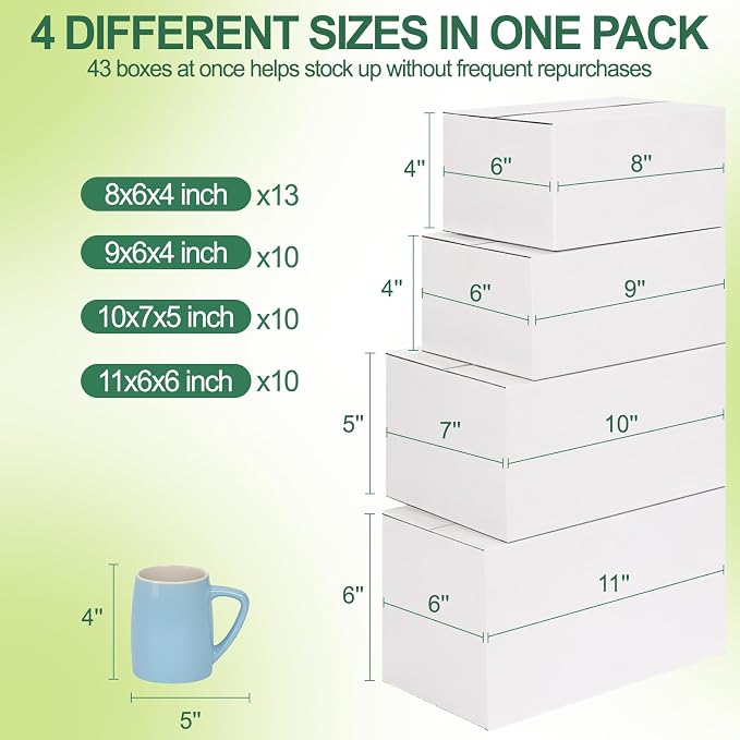 MAPVOLUT 43-Piece Assorted Sizes Small Shipping Boxes - White Corrugated Mailing Boxes for Small Business, Packaging, and Gift Shipping - Includes 4 Sizes (8x6x4, 9x6x4, 10x7x5, 11x6x6)
