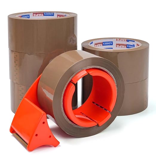 ADHES Brown Packing Tape with Dispenser, 1.88in x 55yds x 2.6mil | Heavy Duty Box Sealing Tape for Moving & Packaging, Strong Adhesive, 6 Rolls