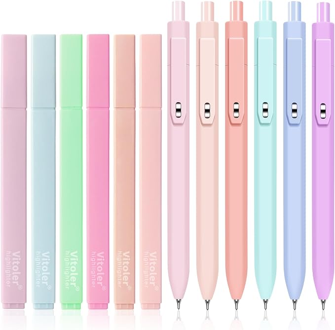 Vitoler Bible Highlighters and Pens, 6 Black Pens & 6 Highlighters | for Study, Journaling and Office Best Gifts for Teacher Nurse Mothers Day