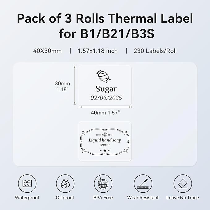 NIIMBOT 3 Rolls Set Label Tape for B1/B21/B3S Label Printer, 1.57" X 1.18" (40x30mm) Waterproof Thermal Label Tape for Kitchen Jar/Address/Barcode/Name Tag (Clear)