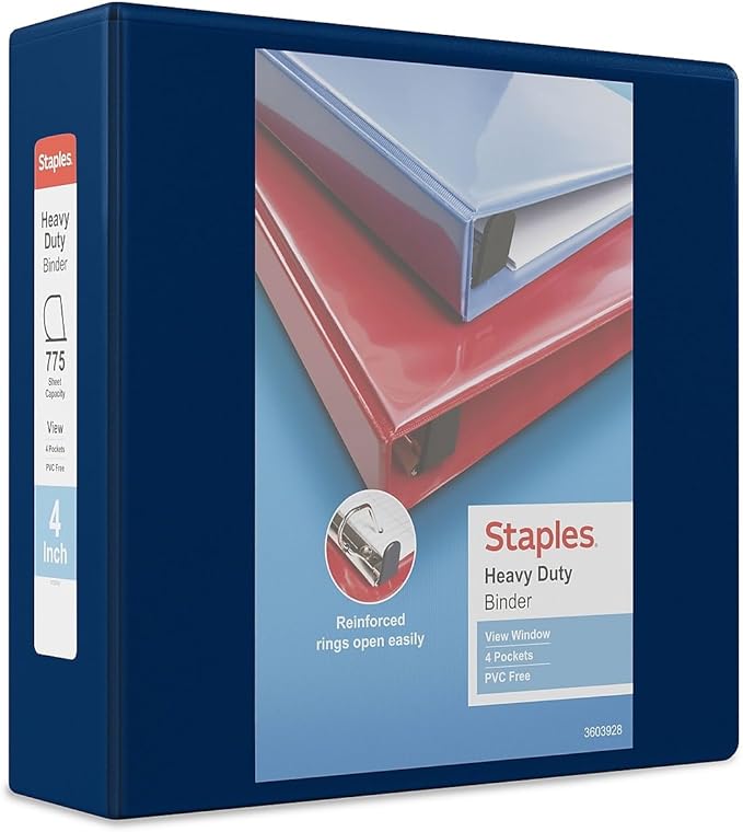 Staples Heavy‑Duty View Binder, 4" D‑Ring, Navy Blue, Reinforced Spine, High‑Capacity 3‑Ring Binder for School & Office Organization