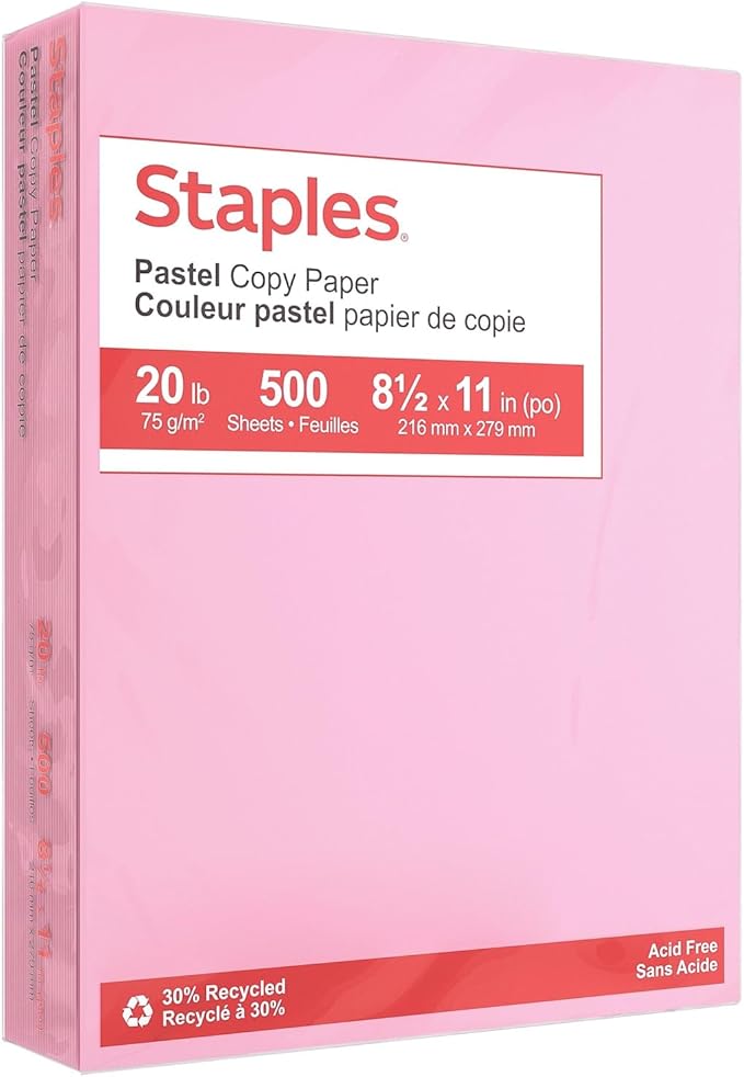 Staples Pastel Colored Copy Paper 8 1/2-Inch x 11-Inch Pink 500/Ream, For Office, School & Home