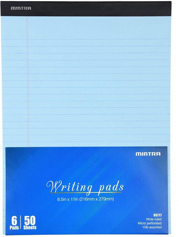 Mintra Office Colorful Legal Pads - Includes 2 Blue, 2 Pink, and, 2 Green Writing Pads, Micro Perforated Lined Sheets, Ideal for Professional & Personal Use, 8.5"x11" Wide Ruled, 6 pack Basic Pastel