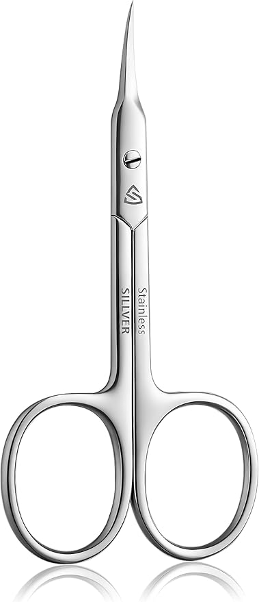 SILLVER Cuticle Scissors Curved Blade - Extra Fine Pointed Tip Professional Manicure Grooming Scissors for Cuticles, Beard, Nose Hair, Eyelash, Mustache - Eyebrow Scissors