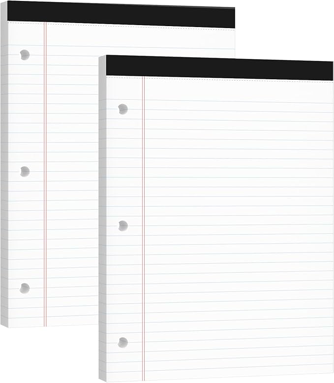 Legal Pads 8.5x11, 50 Sheets/Pack, 2-Pack,3-Hole Punch & Perforated Writing Pads, Wide Ruled White Lined Paper, Notebook 8.5x11.75, Notepads 8.5x11 for Business, School and Office Supplies