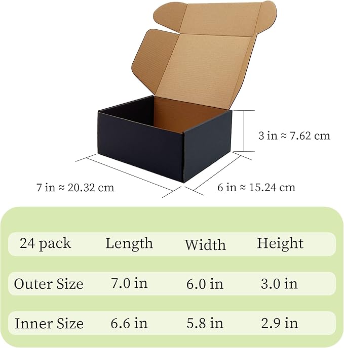 24 Pack 7x6x3 inch Black Shipping Boxes ，Cardboard Packaging Boxes for Mailing Shipping Corrugated Cardboard Boxes for Packaging Small Business Craft Flat Shipping Boxes Empty Gifts Giving Products