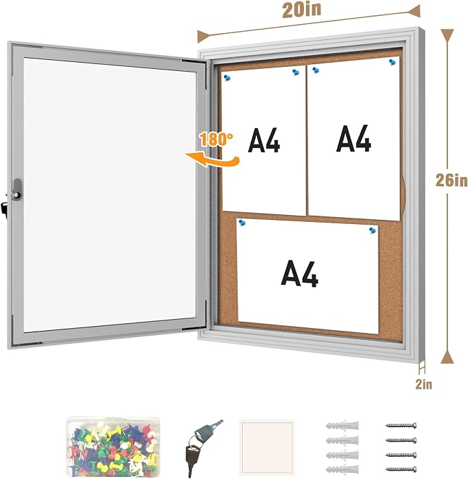 Mifuro 26"x20" Enclosed Bulletin Board, Outdoor Lockable Weather-Resistant Aluminum Cork Noticeboard for School & Office, Silver Frame w/Cork